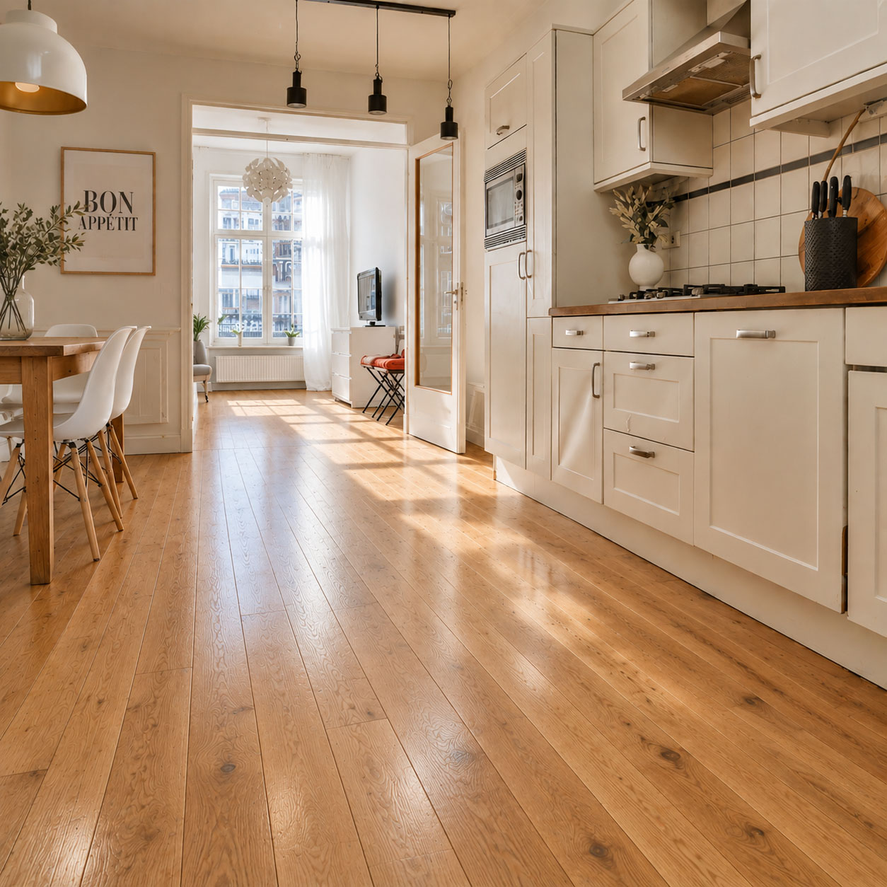 Vitrification hydrofuge de parquet dans une cuisine rénovée à Vern-sur-Seiche