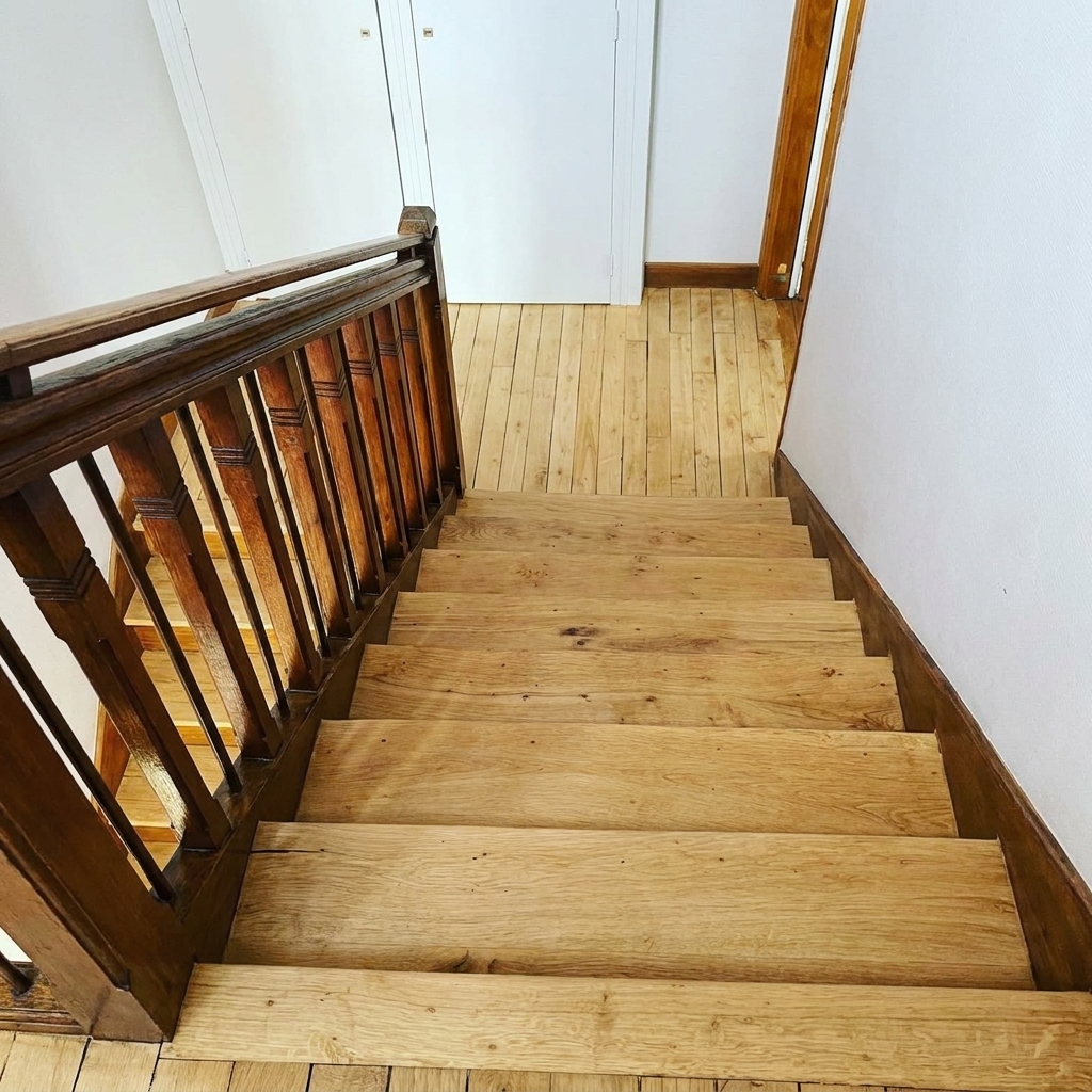 Rénovation et vitrification d'escalier ancien en bois à Rennes