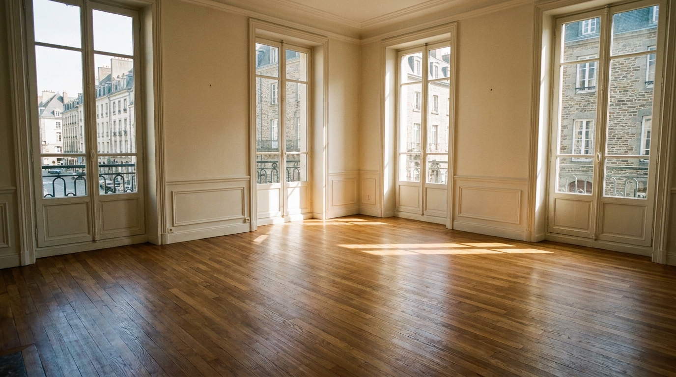 Grand salon lumineux après ponçage et vitrification d'un parquet en chêne à Rennes