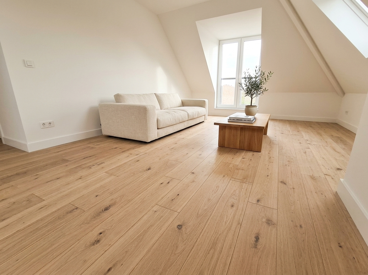 Pièce rénovée et parquet clair ensoleillé après vitrification écologique à Rennes